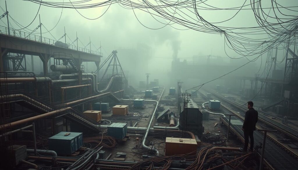 A vast, interconnected web of pipes, wires, and conveyor belts snakes across a gritty, industrial landscape. In the foreground, a series of vulnerable access points, such as unsecured servers and unsupervised delivery hubs, stand as potential entry points for malicious actors. The middle ground is shrouded in a hazy, ominous atmosphere, suggesting the invisible threats lurking within the complex supply chain. In the background, a shadowy figure observes the scene, hinting at the orchestrated nature of these vulnerabilities. The overall scene conveys a sense of unease, highlighting the critical importance of addressing supply chain security in the face of emerging cyber threats.